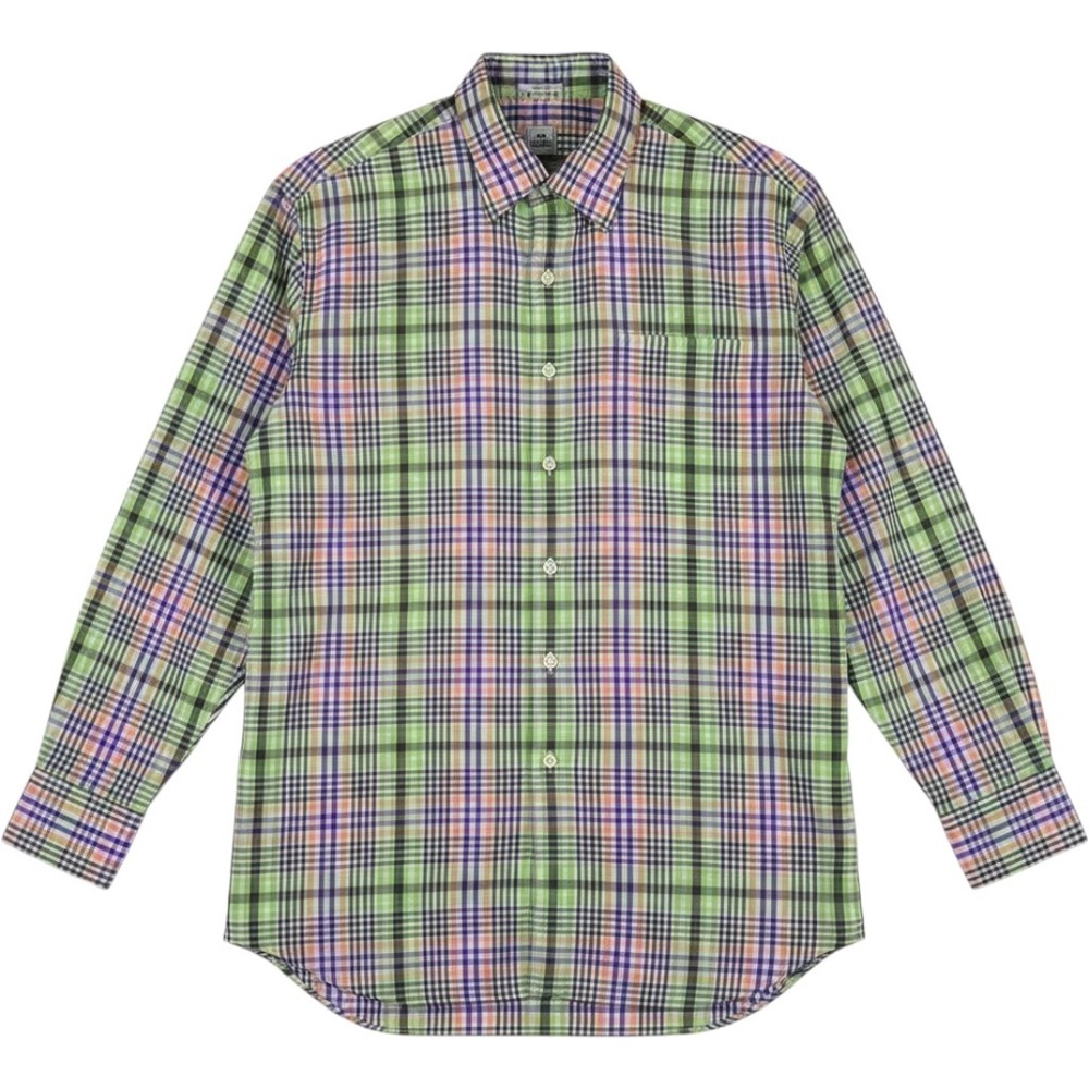 Peter Millar Mens Medium Plaid Button Down Shirt Green Purple Cotton Long Sleeve